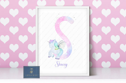 A4 Print, Personalised Unicorn Print, Name & Initial Unicorn Wall Art, Pastel Unicorn Wall Decor, Nursery Print, Young Girl Bedroom Art