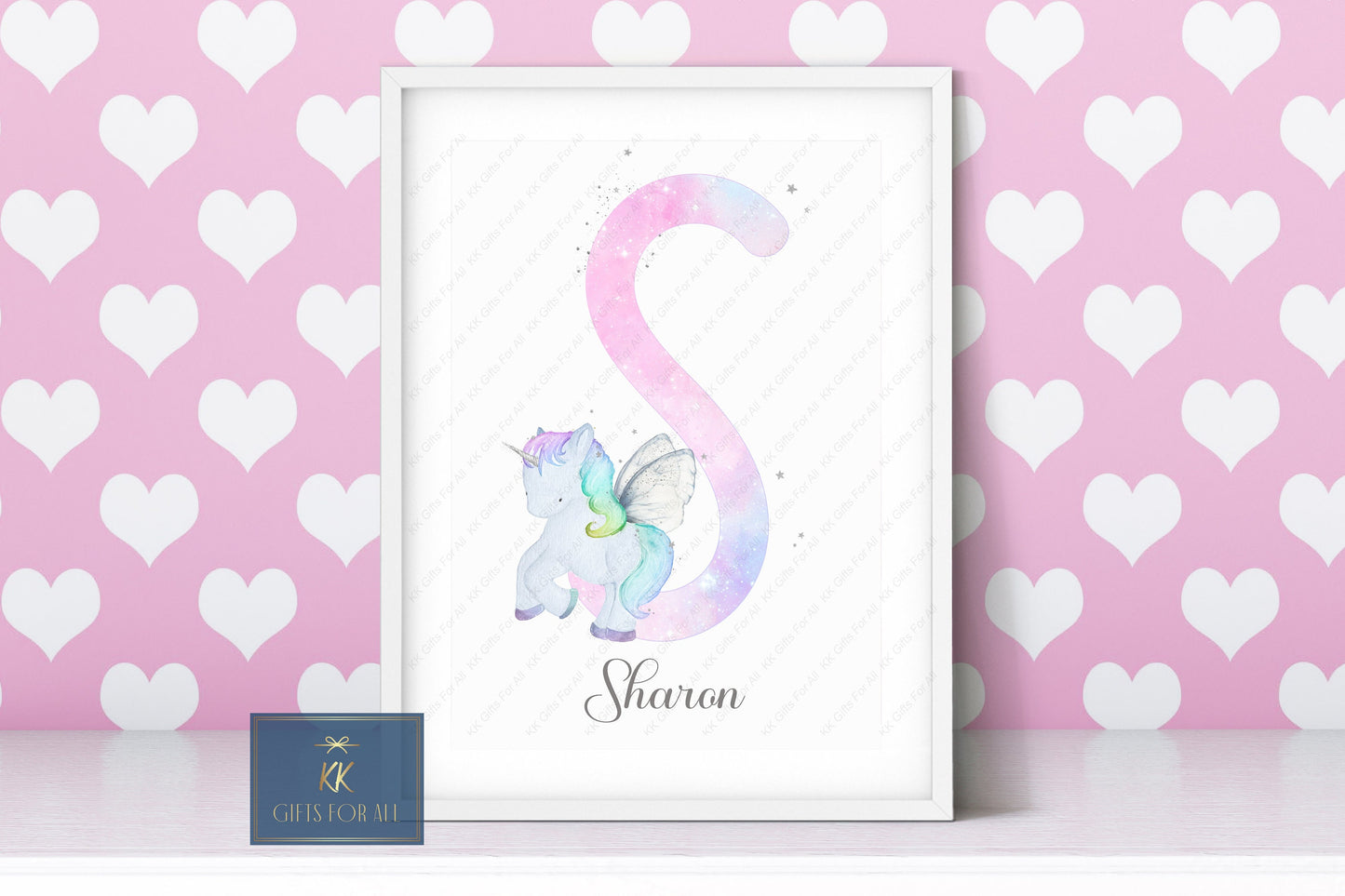 A4 Print, Personalised Unicorn Print, Name & Initial Unicorn Wall Art, Pastel Unicorn Wall Decor, Nursery Print, Young Girl Bedroom Art