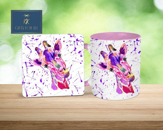 Watercolour Giraffe, Purple Background, Gift For Her, Friend Birthday, Personalised Mug & Coaster Gift, Watercolour Giraffe, Custom Coaster