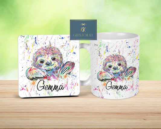 Rainbow Sloth Mug, Gift For Mum, Birthday Gift For Her, Office Mug, Colourful Sloth Gift, Mug And Coaster Gift Set, Custom Gifts, Cute Sloth