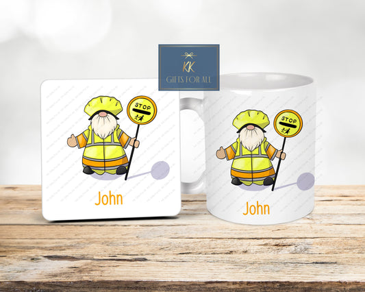 Personalised Lollipop Man Gonk Mug & Coaster, School Patrol Officer, School Safety Crossing Gift