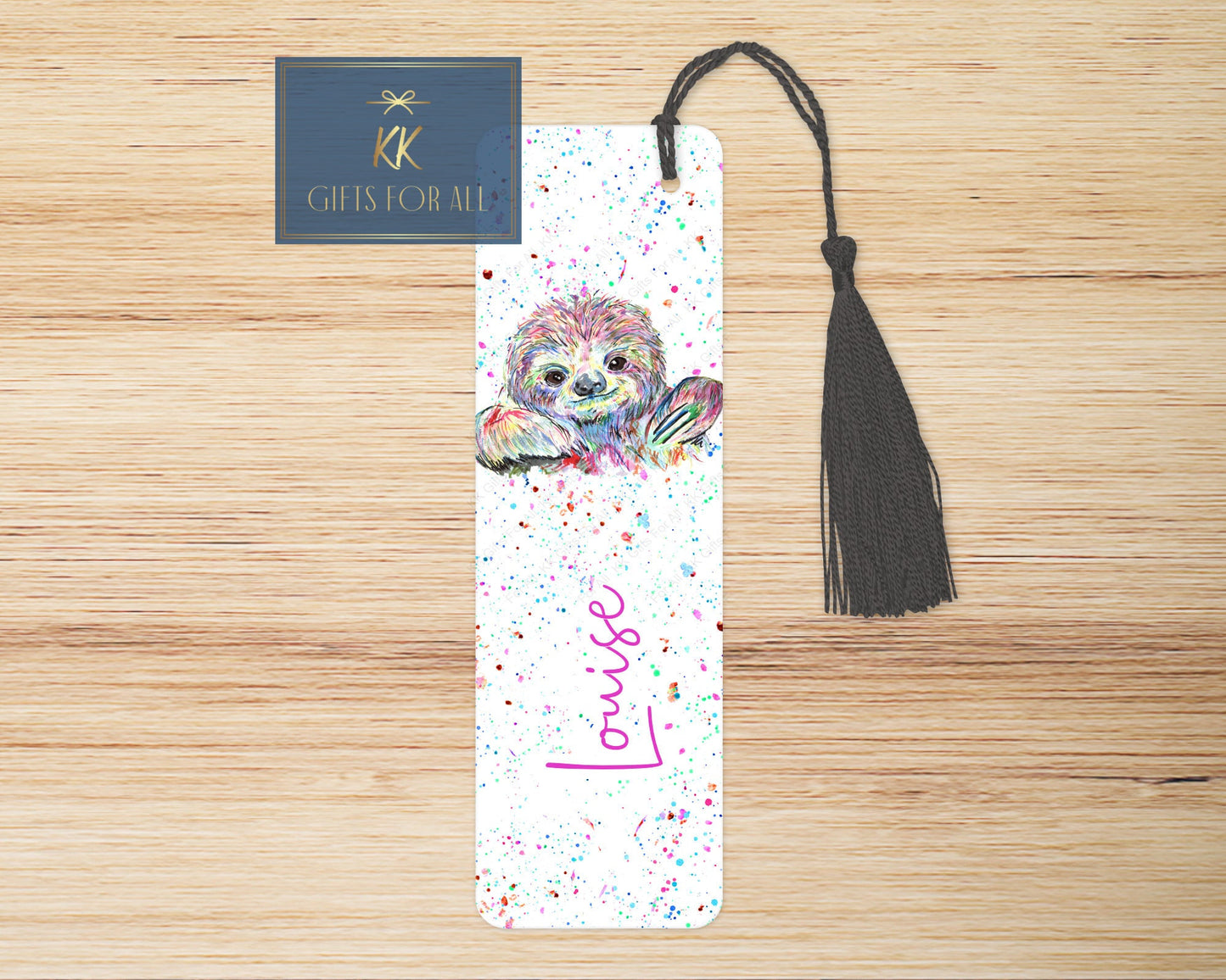 Personalised Rainbow Sloth Bookmark, Multicoloured Sloth Lover Letterbox Gifts, Girls Book Marker
