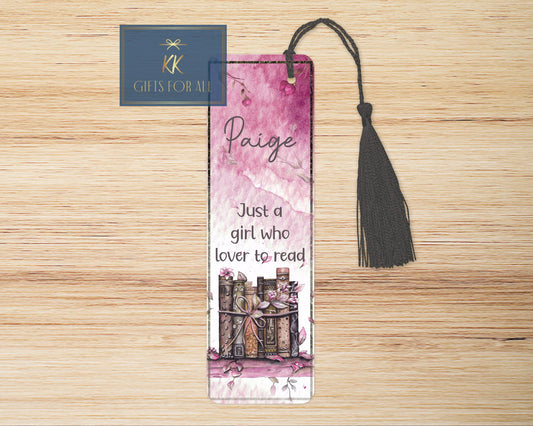 Personalised Pink Watercolor Bookmark, Vintage Book Mark, Just A Girl Who Loves To Read, Letterbox Gifts
