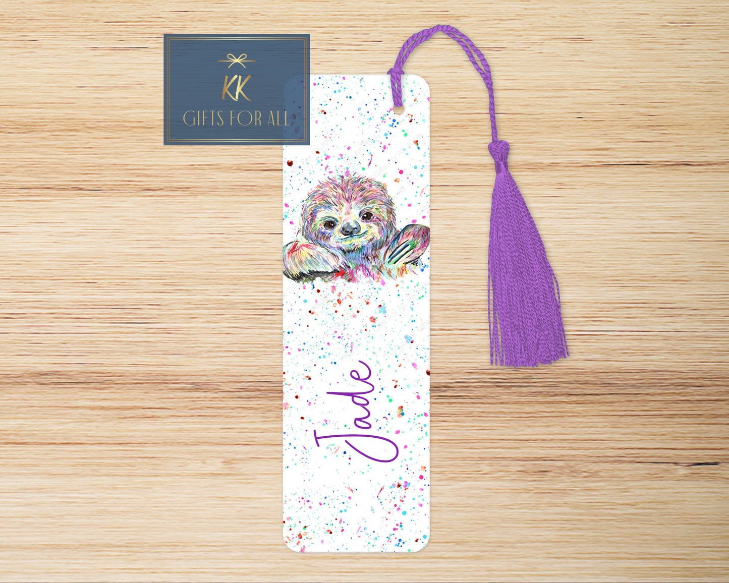 Personalised Rainbow Sloth Bookmark, Multicoloured Sloth Lover Letterbox Gifts, Girls Book Marker