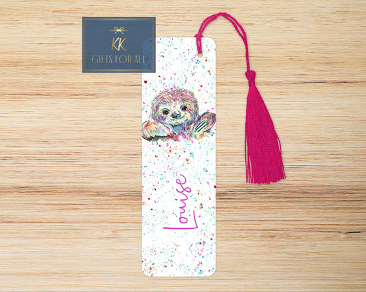 Personalised Rainbow Sloth Bookmark, Multicoloured Sloth Lover Letterbox Gifts, Girls Book Marker