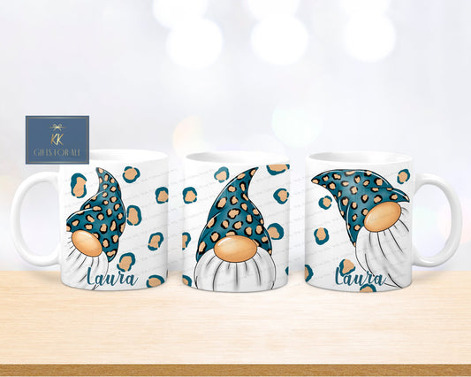 Gonk Mug & Coaster, Teal Leopard Prink Gonk, Gift For Mum, Personalised Mug, Ceramic Mug, Valentine's Gift For Wife Or Girlfriend, Gnome Mug
