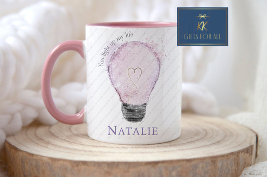 Personalised Pink Lightbulb Mug, You Light Up My Life, Birthday Or Anniversary Gift, Gift For Wife, I Love You, Valentine's Gift For Partner