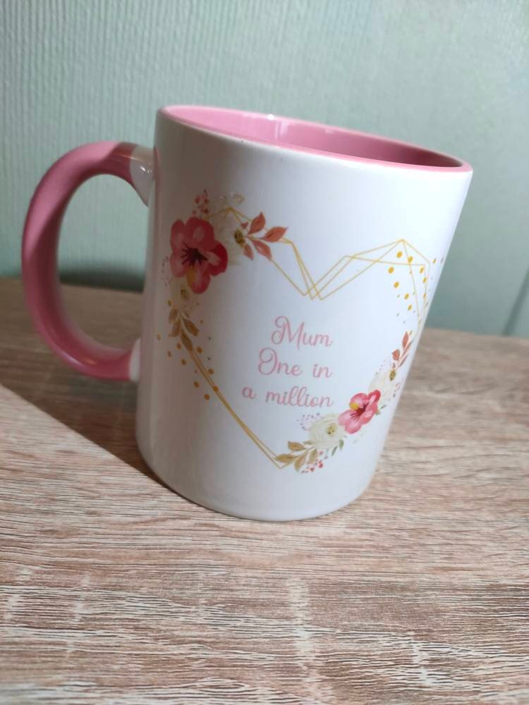 Mum In A Million Mug & Coaster, Gift For Best Mummy, Birthday Gift For Mum,  Custom Coaster, Tea Cup, Mums Coffee, Floral Heart, Baby Shower