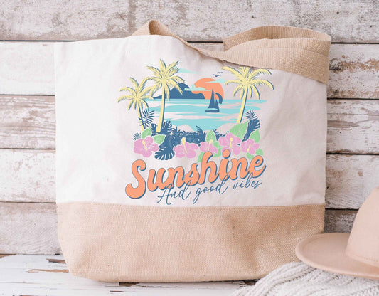 Large Jute Tote Bag Sunshine And Good Vibes Beach Bag Vintage Summer Holiday Bag