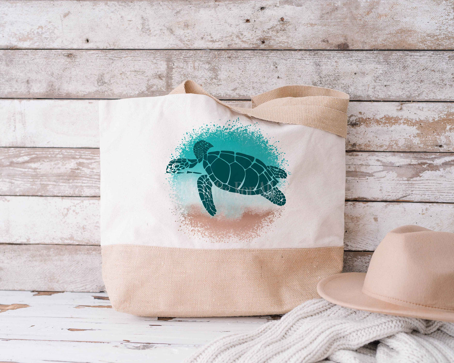 Green Sea Turtle Beach Bag, Jute Tote Shopper Picnic Beach Bag