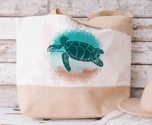 Green Sea Turtle Beach Bag, Jute Tote Shopper Picnic Beach Bag