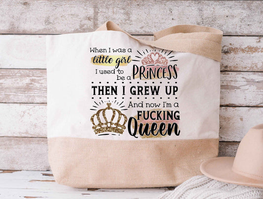 Swearing Large Jute Tote Bag Princess Shopping Bag Queen Beach Bag Adult Jute Totebag