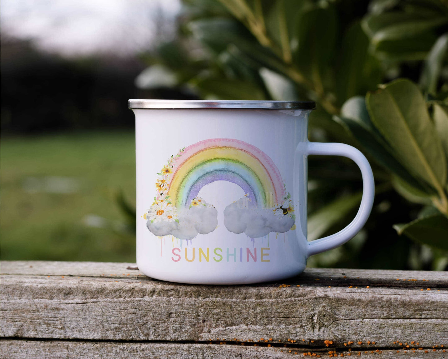Rainbow Sunshine Enamel Mug, Outdoor Mug, Metal Camper Mug
