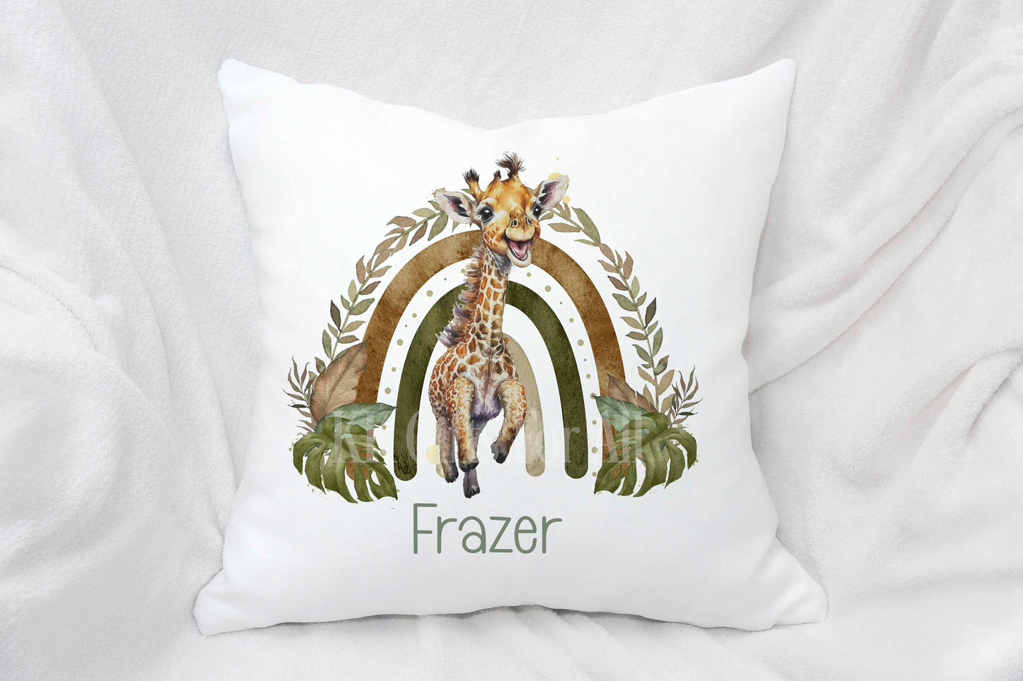 Personalised Safari Giraffe Cushion, Rainbow Giraffe Bedroom Nursery Decor Pillow