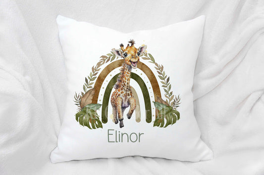 Personalised Safari Giraffe Cushion, Rainbow Giraffe Bedroom Nursery Decor Pillow