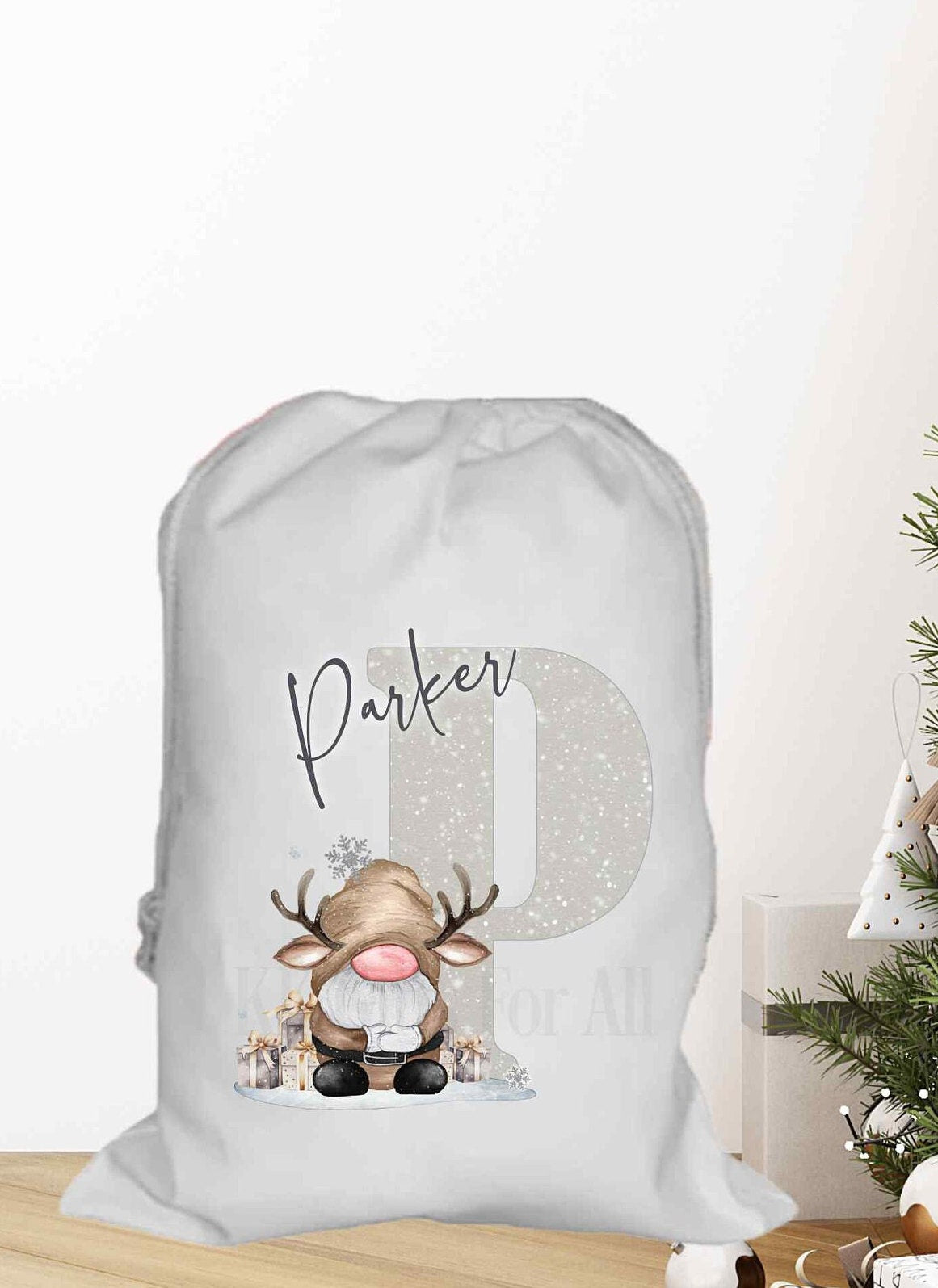 Personalised Christmas Santa Sack, Brown Reindeer Gonk Xmas Present Drawstring Sack