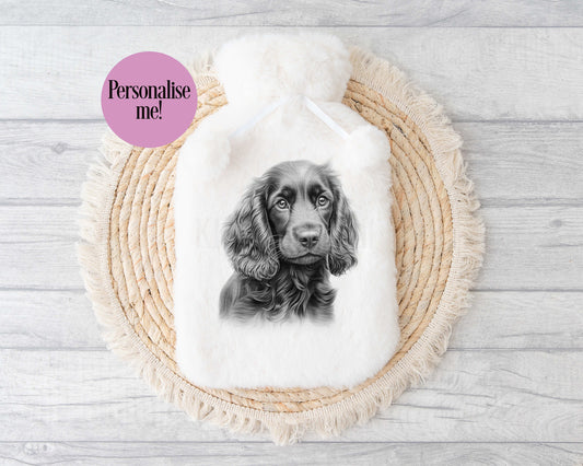 Personalised Hot Water Bottle, Dark Cocker Spaniel Dog Owner Gift, Winter Warmer