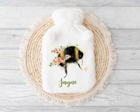 Bee Hot Water Bottle, Personalised Floral Bee Gift, Bee Winter Warmer, Gift For Mum Sister Nan Auntie