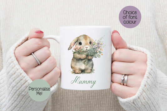 Personalised Bunny Mug & Coaster, Bunny Rabbit With Flowers, Spring Bunny Mug, Easter Mug