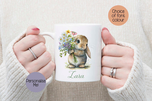 Spring Bunny Mug & Coaster, Personalised Rabbit Mug, Rabbit Lover Gifts, Mum Nan Gran Easter Mug