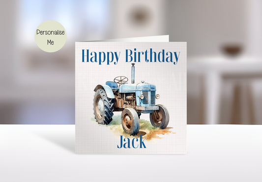 Personalised Tractor Card, Birthday Card For Dad Grandad Brother Uncle Son, Blue Vintage Tractor Card